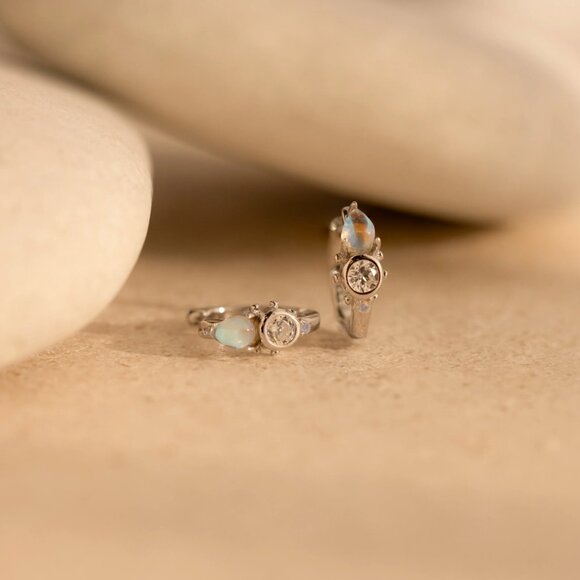 Caitlyn Minimalist Opal and Diamond Huggies, Sterling Silver - Picture 2 of 5